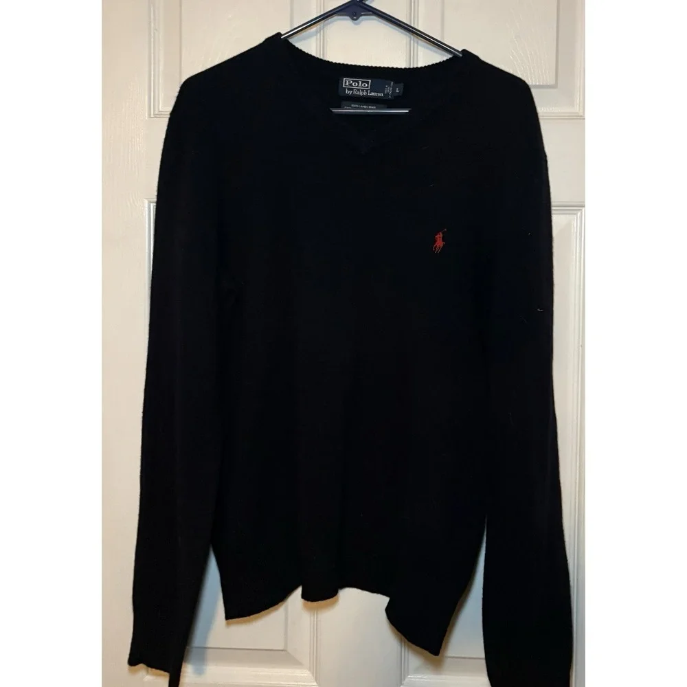 Ralph Lauren Polo Sweater Navy Red Pony Men's Size L 100% Cotton Winter